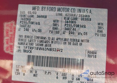 2003 Ford F-150 Xl/Xlt из США, поврежденный, VIN 1FTRF18W63NB53512